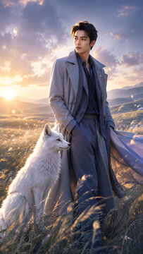 Cinematic portrait of a handsome Asian man with a white wolf on golden hour grassland hills