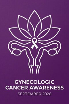 Gynecologic cancer awareness month campaign poster for September 2026 featuring a sophisticated stylized lotus flower uterus icon combined with a supportive ribbon on a deep purple background.
