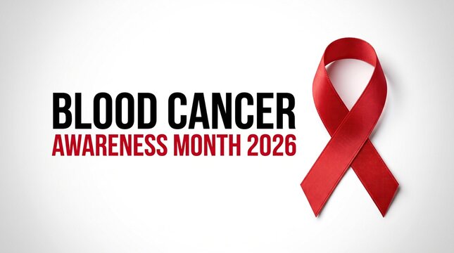 Red ribbon symbol with Blood Cancer Awareness Month 2026 text on white background for healthcare campaign, leukemia awareness concept, lymphoma support.