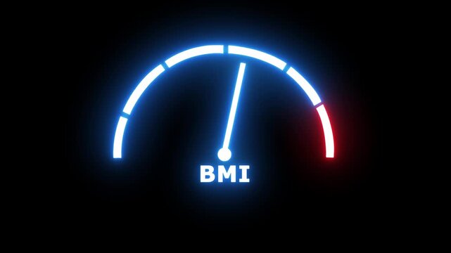 Body mass index meter read level result. Color scale with arrow from green to red. The measuring device. Colorful infographic gauge element .4k motion video.