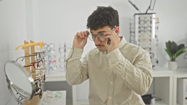 Man trying on eyeglasses and holding frame near mirror in an optician studio with display racks and eyechart visible; confidence clarity.