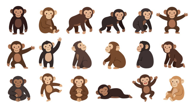 Set of cute cartoon chimpanzee monkey characters in various poses and expressions isolated on white background.