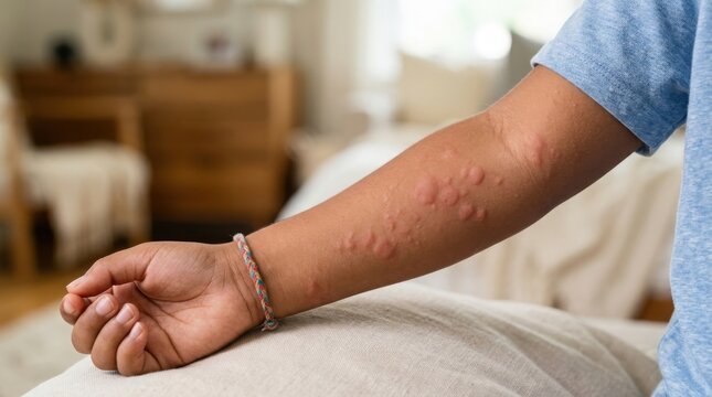 Close up of a person arm showing skin rash and allergic reaction