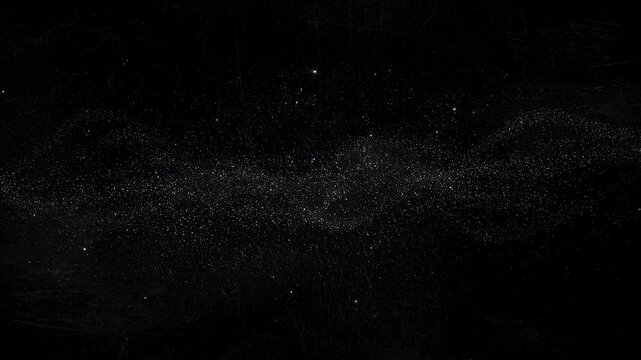 Dark background with numerous small bright particles drifting and flowing across the frame. Abstract background features small bright particles with rhythmic movement.