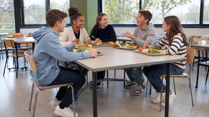 Obraz premium Diverse Teen Students Sharing Lunch and Conversation in Bright School Cafeteria