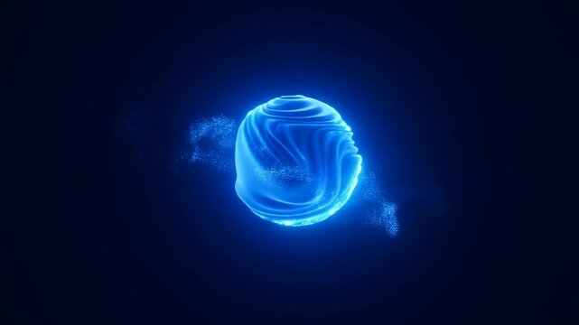 Glowing blue sphere rotates steadily with drifting particle clouds swirling softly on a dark digital background. Abstract backdrop shaped by rotation, energy and digital sphere.