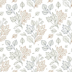 Fototapeta premium Fall Seamless Pattern of Hand Drawn Botanical Leaves and Berries
