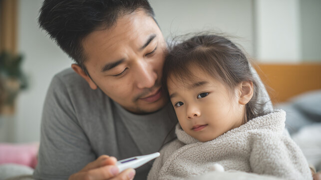 Caring father checking the temperature of his sick daughter with a digital thermometer at home, illustrating childhood illness, parental care, fever monitoring and family healthcare.