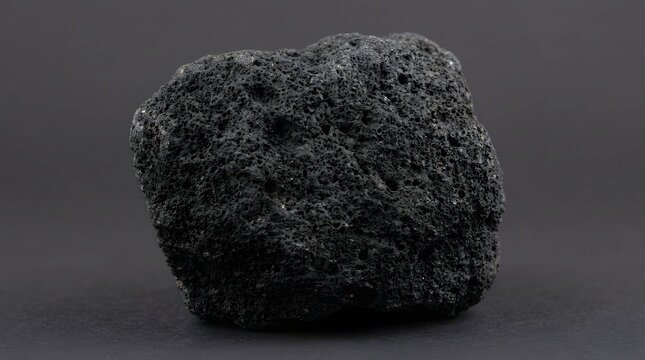Porous black volcanic basalt rock piece featuring sharp jagged edges and rough textured surface captured in detailed studio macro photography
