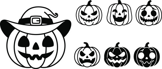 Fototapeta premium Halloween pumpkin faces set with witch hat jack o lantern isolated on white background, black and white vector illustration