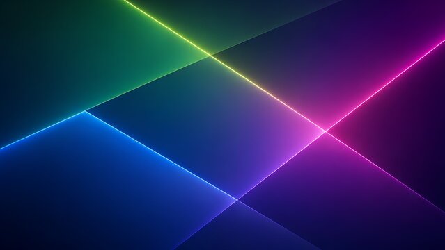 Modern abstract geometric background featuring intersecting shapes and glowing neon lines in blue, green, pink and purple tones. Futuristic dark gradient design ideal for technology, digital, cyber