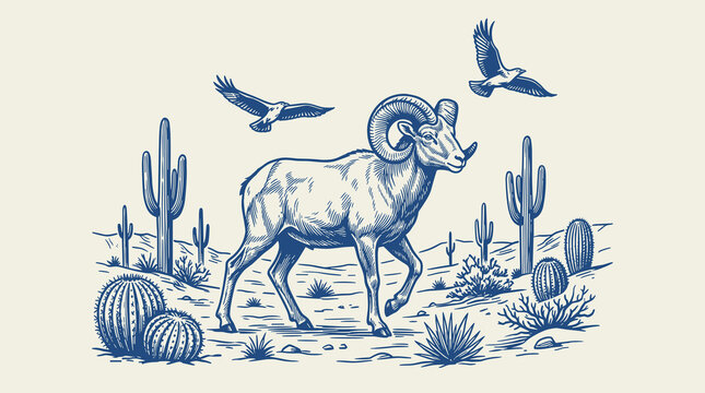 Vintage Blue Woodcut Illustration of a Desert Bighorn Sheep Ram in a Wild Landscape with Saguaro Cacti and Eagles
