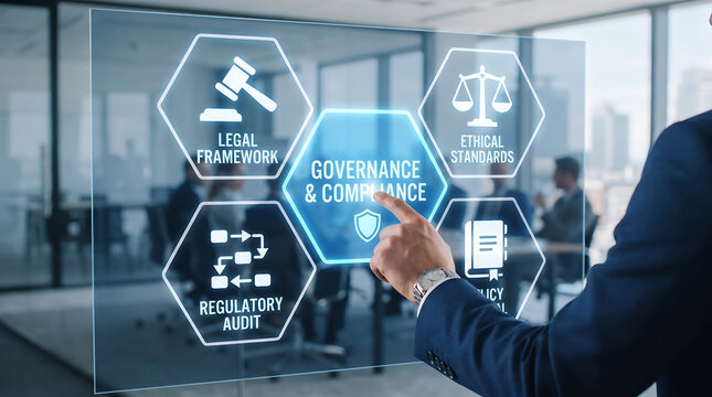 Professional businessman touching virtual digital screen for corporate governance and compliance strategy