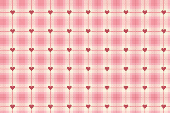 Pink And White Vichy Background With Heart. Gingham Seamless Pattern. Valentines Day Print.