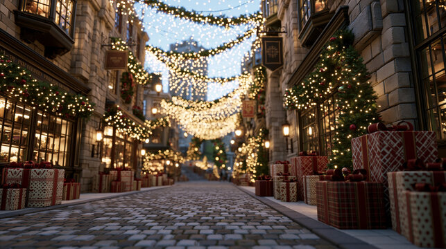 A charming European cobblestone street decorated for Christmas with glowing fairy lights festive garlands shop windows and neatly wrapped presents creating a magical holiday atmosphere.