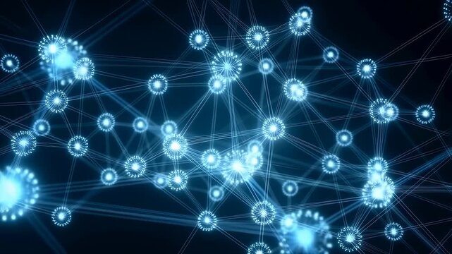 Animation of glowing blue nodes connected by lines forming a dynamic digital network. Abstract background features glowing nodes and connecting lines with rhythmic movement.
