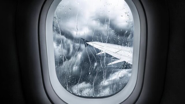 Airplane wing visible through rain-streaked window during turbulent flight. Dark storm clouds and lightning flashes in the sky. Panning camera movement.