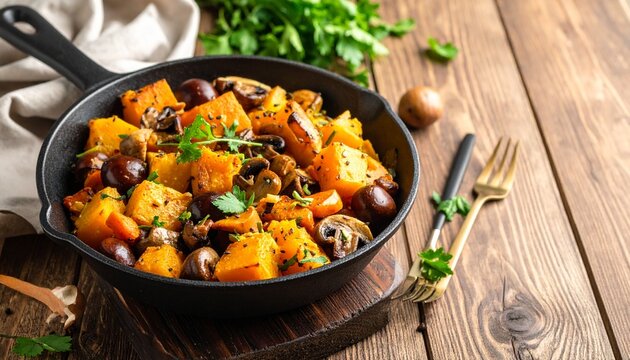 Herbstliche Gem&uuml;sepfanne mit K&uuml;rbis, Pilzen und Maronen