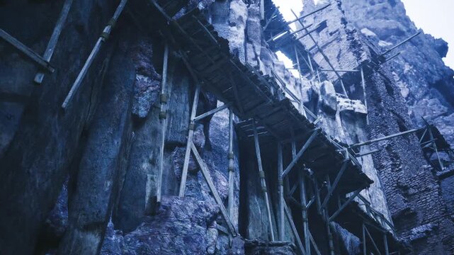 Century old scaffold on steep quarry, historic timber platform and masonry remnants under cool light, preservation and conservation tone with inspectors