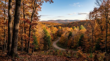 Fototapeta premium Golden canopy vistas within a seasonal timberland landscape during late year transformation. Vibrant foliage showcasing warm amber orange and crimson hues across forest trees. autumn forest