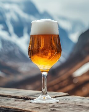 beer glass with pale ale standing in front of a view of rocky mountains