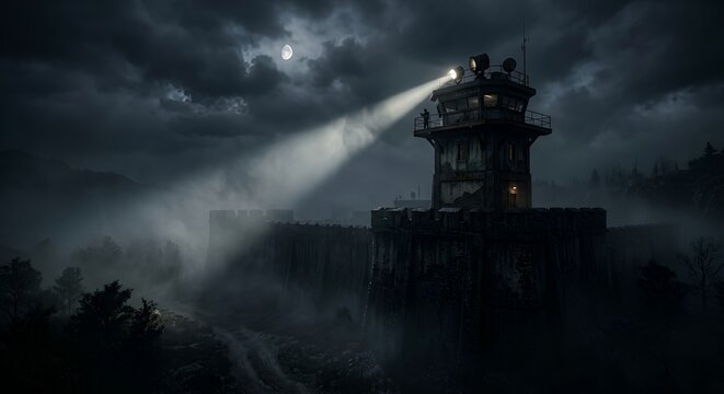 Night Watchtower Facility with Searchlight Beam in Fog