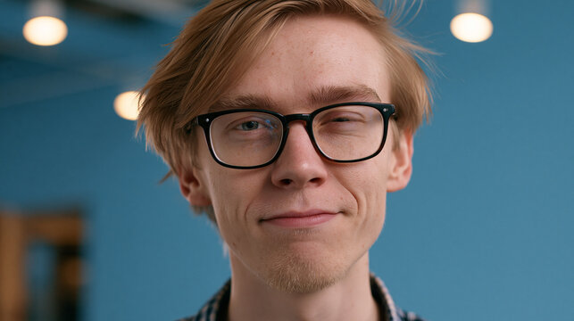 A funny close-up portrait of a young man wearing glasses who is awkwardly winking or blinking making it an unusable and humorous mistake for official identity documents or passport photos.