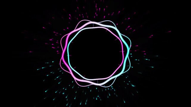 Abstract circular neon wave frame with radiating light particles on a dark background