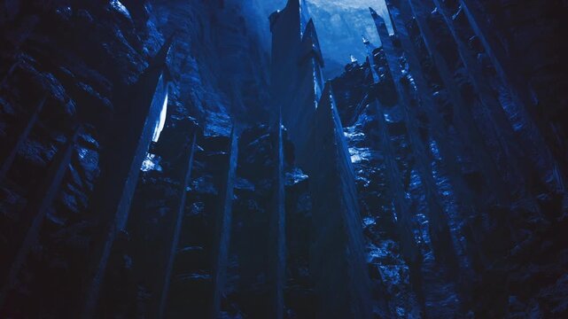 Vast abyss corridor opening toward starlit void vertical rock spires frame distant galaxy, cool blue palette, sense of cosmic scale and loneliness, excellent