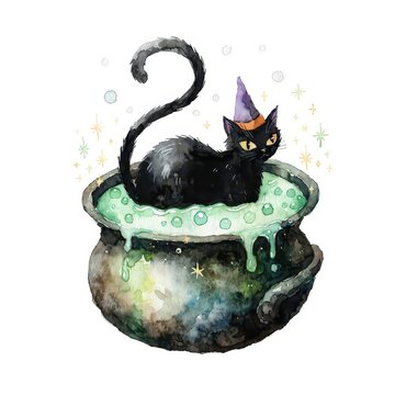 Watercolor clipart of a black cat with an arched back sitting in a cauldron
