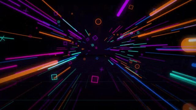 Abstract neon light streaks and geometric shapes tunnel effect, motion blur background, futuristic digital speed concept, vibrant glowing lines in dark space