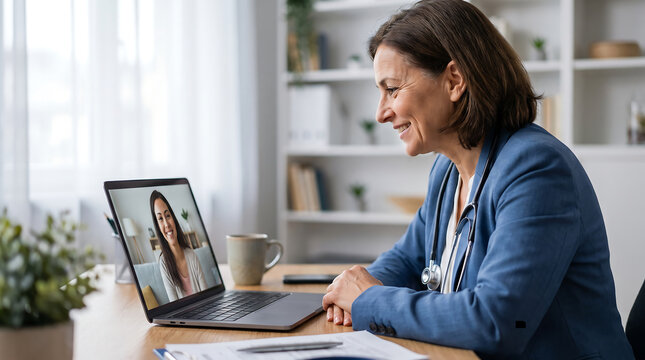Female doctor conducting professional telemedicine consultation with patient via laptop video call