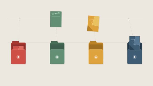 Flat animation of colorful document folders organizing digital files