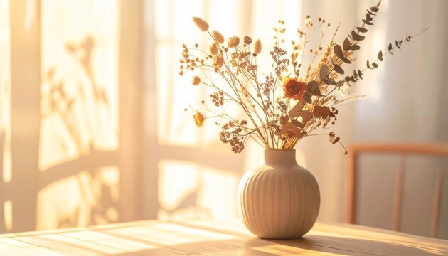 Sunlit vase with dried flowers on wooden table.