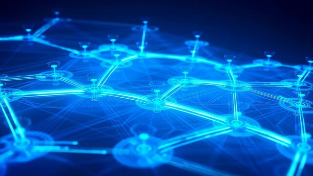 Glowing blue network nodes pulse and expand while connected by illuminated lines on a dark background. Animated scene combines nodes and lines with glowing light.