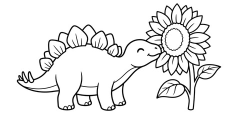 Cute stegosaurus dinosaur smelling a large sunflower in a simple black and white line art drawing style © MdBillal