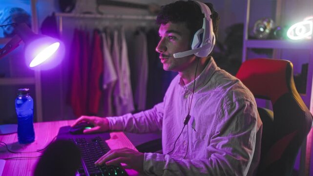 Man with headset clicking mouse and typing on rgb keyboard at desk under purple neon lamp in studio; focus streaming community.