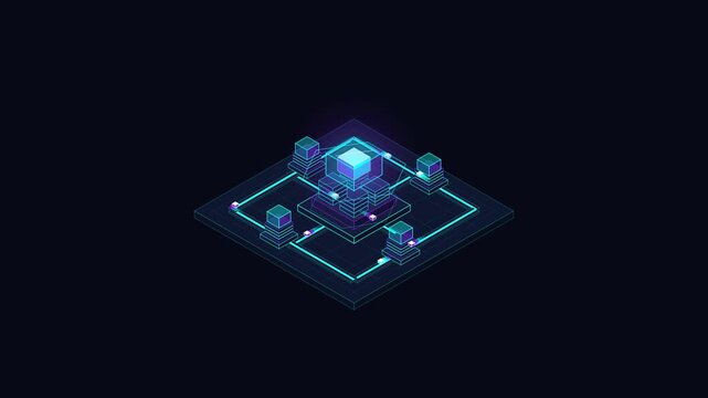 Isometric Data Network Concept with Glowing Digital Nodes and Connection
