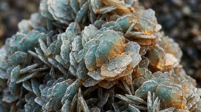 Macro close up view of raw desert rose crystal mineral formation with sharp natural texture