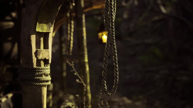 A warm lantern softly lights up a rustic wooden structure surrounded by dense forest. Ropes dangle nearby, adding to the mysterious charm at dusk.