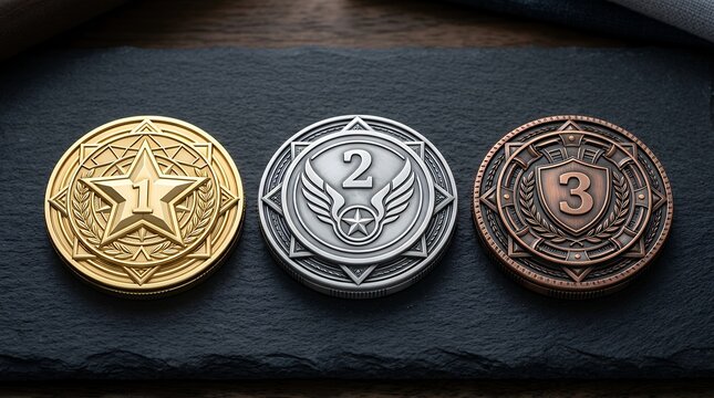 Set of multi tier metallic reward tokens including gold silver and premium copper finishes for digital feedback ranking systems  stars gold silver bronze metallic 3d rendering realistic