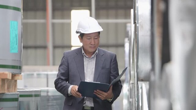 Engineer in a safety helmet inspecting industrial equipment with a clipboard during a factory quality control audit and operational review.