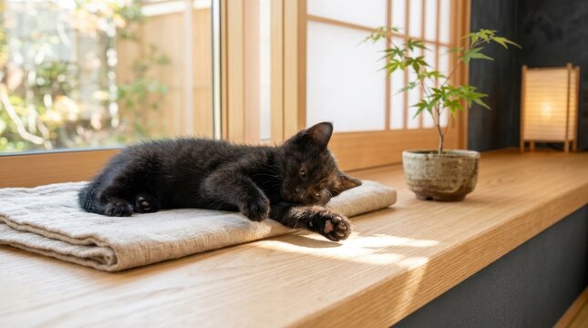 Cozy Kitten Nap: A small, dark-furred kitten dozes peacefully on a soft cushion placed on a wooden windowsill, bathed in the gentle, warm sunlight filtering through a shoji screen.