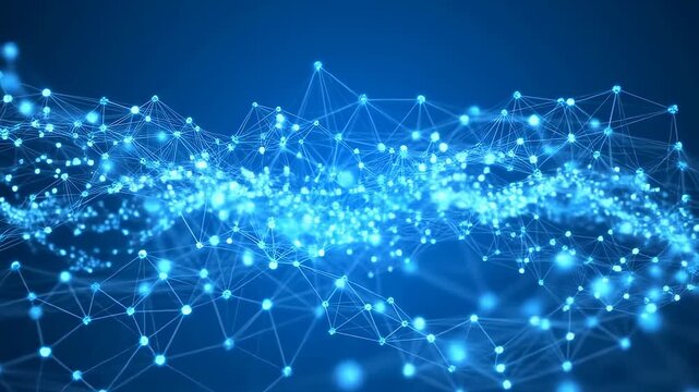 Glowing blue and cyan nodes pulse and shift as connecting lines form a flowing digital network mesh. Smooth animated scene for technology presentations and data visualization backgrounds.