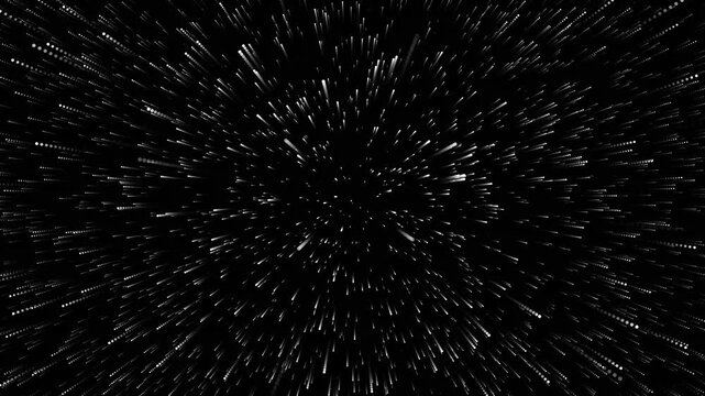 Star burst, radiant points exploding outward from center, intense camera zoom effect, sparkling rays and light trails, energetic cosmic transition, abstract vfx animation, black background