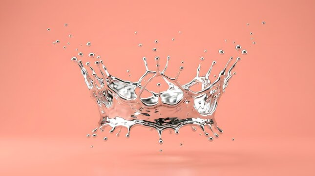 Liquid silver crown splash featuring intricate metallic droplets forming a circular shape with artistic high gloss reflections on peach surface