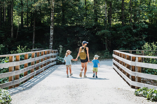 Active family holding hands walking on a forest bridge during a sunny summer nature adventure.
