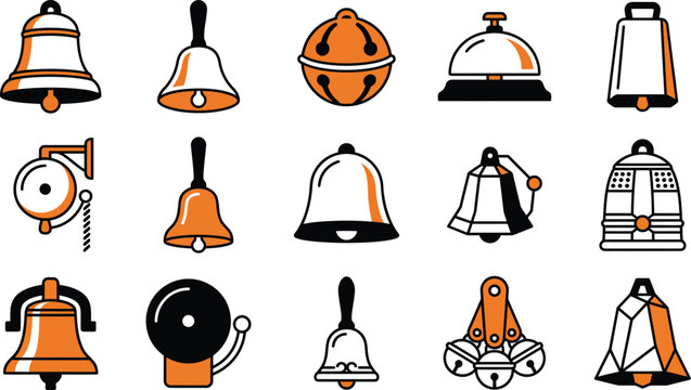 Set of various bell icons and chime symbols for notification and alert design elements.
