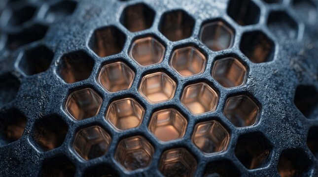 Close up view of a dark metal honeycomb shaped cooking mold for making small round dumplings