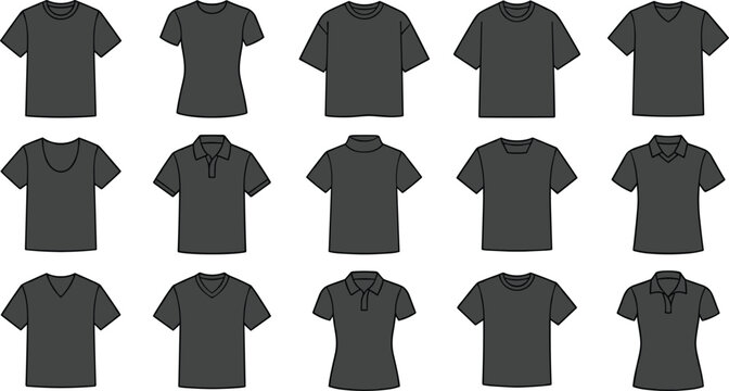 Blank black t shirt template collection with various necklines polo shirts scoop neck v neck crew cut vector icons set layout